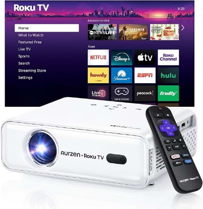 Picture of Aurzen Roku TV D1R Smart Portable Outdoor Projector with WiFi and Bluetooth | Roku TV Built-in, All Top Apps, 1080P FHD, DoIby Audio, Auto Focus & Keystone, Zoom, Mini Projector for Home & Outdoor Movies