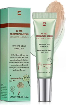 Picture of CC Red Color Correcting SPF 25 Green Pigment Cream, Centella Asiatica Full Coverage Lightweight Foundation Corrects Redness & Blurs Pores, Even Skin Tone Makeup Skin Care Primer, 0.5oz, 01