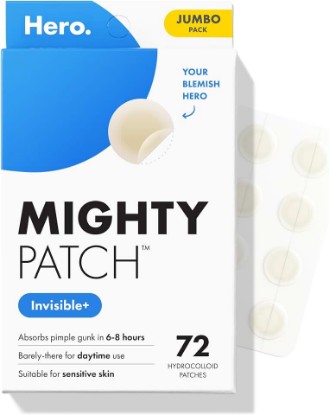 Picture of Hero Cosmetics Mighty Patch Invisible+ Daytime Acne Pimple Patch, 72 Ct | Barely-There Hydrocolloid Patch for Covering Zits and Blemishes, Tapered Edges Designed to Blend Into Skin