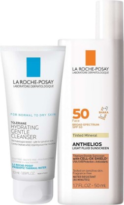 Picture of La Roche-Posay Skin Care Set, Tinted Sunscreen SPF 50 & Cleanser | Anthelios tinted mineral sunscreen with titanium dioxide and travel-size Toleriane gentle face wash. Gift set.