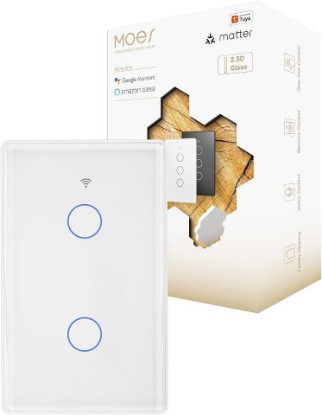 Picture of MOES Matter Smart Light Switch, 2.5D Glass Touch, Alexa & Google, 2 Gang | Premium 2.5D Glass Panel, Matter WiFi, Apple Home, Alexa Google SmartThings, Touch Control, Timer Schedule, Neutral Wire 10A