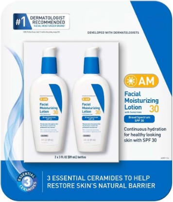 Picture of Ceraves AM Facial Moisurizing Lotion, Sunscreen SPF 30, Oil Free, Niacinamide + Ceramides + Hyaluronic Acid, 3 Fl Oz (Pack of 2)