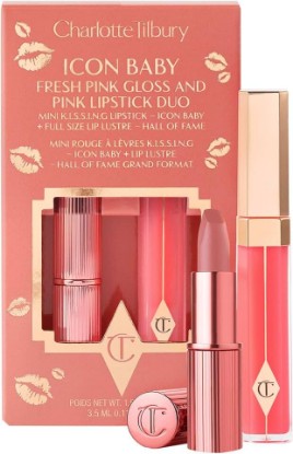 Picture of Charlotte Tilbury Icon Baby Lip Duo Kit - Mini Lipstick & Full Size Gloss | Mini K.I.S.S.I.N.G Lipstick & Full Size Hall of Fame High Shine Gloss Set - Hydrating Long Lasting Makeup Duo - On-the-go
