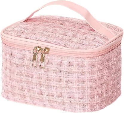 Picture of Pink Quilted Makeup Bag, Compact Cosmetic Organizer Pouch for Women