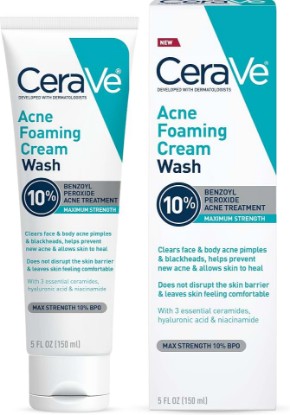 Picture of CeraVe Acne Foaming Cream Wash, 10% Benzoyl Peroxide Facial Cleanser, 5oz | 10% Benzoyl Peroxide Cleanser with Hyaluronic Acid and Niacinamide Clears Pimples and Acts As A Blackhead Remover