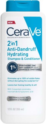 Picture of CeraVe 2 In 1 Hydrating Anti Dandruff Shampoo And Conditioner, 12 Fl Oz | 1% Pyrithione Zinc Dandruff Treatment Helps Eliminate Flakes and Relieve Itchy Scalp In A Sulfate-Free, Color-Safe Formula