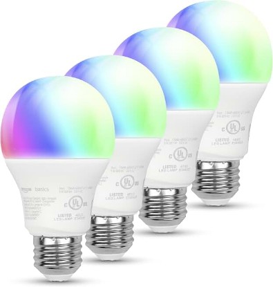 Picture of Amazon Basics Smart A19 LED Light Bulb, Color Changing, 9W (60W Equivalent), 800LM, Works with Alexa Only, 2.4 GHz Wi-Fi, No Hub Required, Energy Saving, 4-Pack