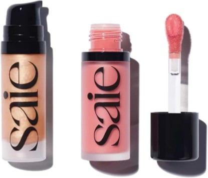 Picture of Saie Mini Glowy Super Gel Lightweight llluminator & Makeup Primer - Sunglow (0.5 oz) + Dew Blush - Lightweight Liquid Blush with a Blendable + Buildable Cream Finish - Sweetie (.40 oz)