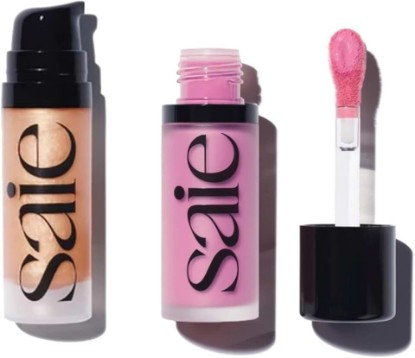 Picture of Saie Mini Glowy Super Gel Lightweight llluminator & Makeup Primer - Sunglow (0.5 oz) + Dew Blush - Lightweight Liquid Blush with a Blendable + Buildable Cream Finish - Baby (.40 oz)