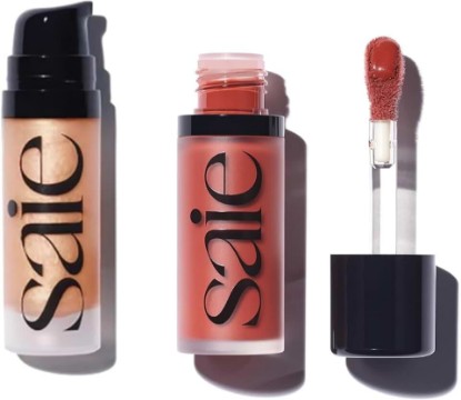 Picture of Saie Mini Glowy Super Gel Lightweight llluminator & Makeup Primer - Sunglow (0.5 oz) + Dew Blush - Lightweight Liquid Blush with a Blendable + Buildable Cream Finish - Spicy (.40 oz)