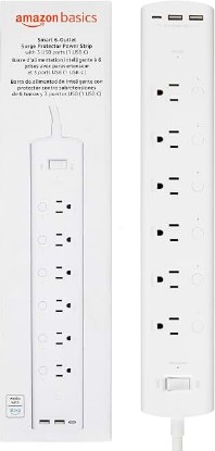 Picture of Amazon Basics Smart Plug Power Strip with 6 Individually Controlled Outlets and 3 USB Ports (2 USB-A and 1 USB-C), WiFi, Works with Alexa Only, 2.4 GHz, No Hub Required, White
