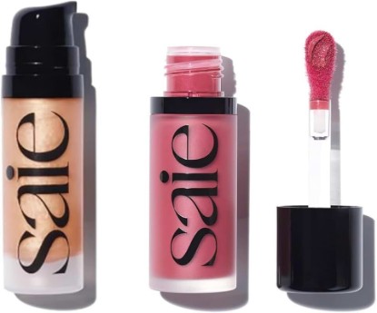 Picture of Saie Mini Glowy Super Gel Lightweight llluminator & Makeup Primer - Sunglow (0.5 oz) + Dew Blush - Lightweight Liquid Blush with a Blendable + Buildable Cream Finish - Dreamy (.40 oz)