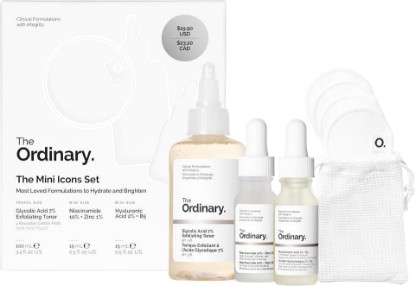Picture of The Ordinary The Mini Icons Set, Travel Size Skin Care to Hydrate and Brighten, Glycolic Acid 7% Exfoliating Toner, Niacinamide 10% + Zinc 1%, Hyaluronic Acid 2% + B5, 4 Reusable Rounds