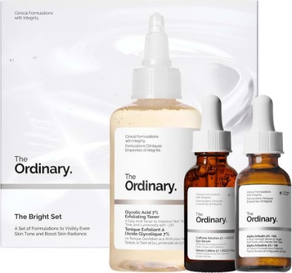 Picture of The Ordinary The Bright Set, 3-Step Regimen for Radiant, Even Skin Tone with Glycolic Acid 7% Exfoliating Toner, Alpha Arbutin 2% + HA, and Caffeine Solution 5% + EGCG Eye Serum | Skin Care Set