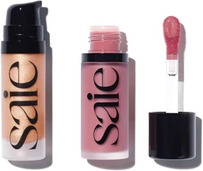Picture of Saie Mini Glowy Super Gel Lightweight llluminator & Makeup Primer - Sunglow (0.5 oz) + Dew Blush - Lightweight Liquid Blush with a Blendable + Buildable Cream Finish - Chilly (.40 oz)