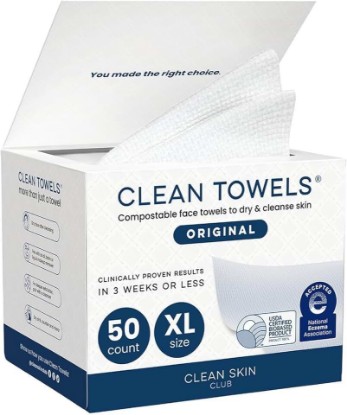 Picture of CLEAN SKIN CLUB Clean Towels XL®, 100% USDA Biobased Face Towel, Disposable Face Towelette, Eczema Association Accepted, Makeup Remover Dry Wipes, Ultra Soft, 1 Pack, 50 Ct