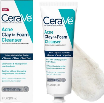Picture of CeraVe Clay to Foam Acne Face Wash, Salicylic Acid Spot Treatment, 4 Oz | 3-In-1 Kaolin Clay Mask and Foaming Facial Cleanser with Glycerin and Ceramides Acts As a Blackhead Remover To Clear Acne