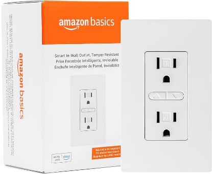Picture of Amazon Basics Smart In-Wall Outlet, Works with Alexa Only, Individually Controlled Outlets, Voice Control, WiFi, 15 Amps, 2.4 GHz, No Hub Required, White
