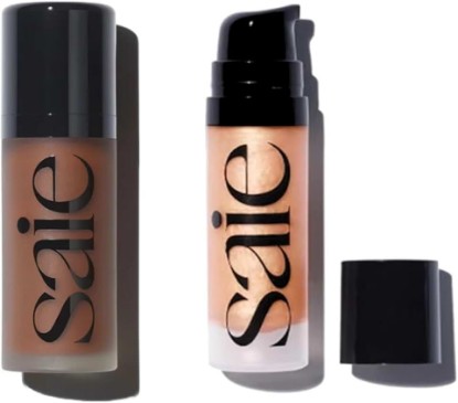 Picture of Saie Radiant Glow Duo - Dew Bronze Soft-Focus Liquid Bronzer in Stinson (0.4 oz) & Mini Glowy Super Gel Lightweight Illuminator in Sunglow (0.5 oz), Hydrating Makeup Essentials for a Sun-Kissed Glow