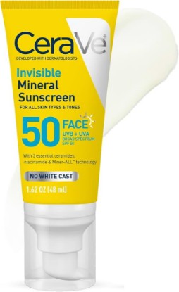 Picture of CeraVe Invisible Mineral Sunscreen SPF 50, Face Sunscreen, Travel Size | Skin Care, Sunscreen for Sensitive Skin, Zinc Oxide, Titanium Dioxide, Vitamin E, Niacinamide, Ceramides, Oil Free