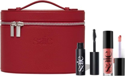 Picture of Saie Mini Red Vanity Case Bundle, Lash & Lip Makeup Kit (3 ct) | Mini Vegan Leather Vanity Case in Red with Mini Mascara 101 in Jet & GlossyBounce in Bounce, Travel Makeup Set