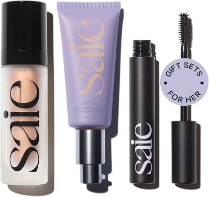 Picture of Saie Glowy Super Gel Lightweight llluminator & Makeup Primer - Sunglow (1 oz) + Sunvisor Broad Spectrum SPF 35 Mineral Sunscreen (1.35 fl oz) + Lash Lengthening Mascara 101 - Black (0.31 oz)