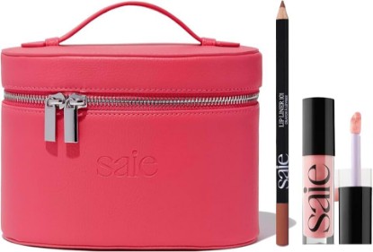 Picture of Saie Mini Fuschia Vanity Case Bundle, Lip Makeup Kit (3 ct) | Mini Vanity Case in Fuschia with GlossyBounce Lip Gloss in Bubble & Lip Liner 101 in French, Travel Makeup Set