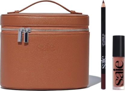 Picture of Saie Mini Brown Vanity Case Bundle, Lip Makeup Kit (3 ct) | Mini Vanity Case in Brown with Glossybounce in Dip & Lip Liner 101 in Tease, Travel Makeup Set