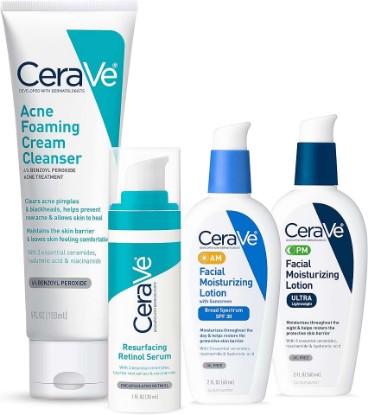 Picture of CeraVe Acne Skin Care Set, Foaming Cleanser + Retinol Serum + AM&PM Lotion | 5oz Acne Foaming Cream Cleanser + 1oz Resurfacing Retinol Serum + 2oz AM SPF 30 Lotion + 2oz PM Facial Moisturizing Lotion