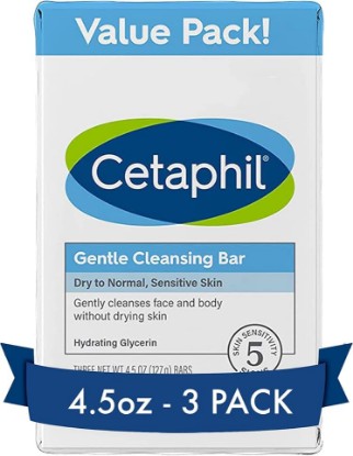 Picture of Cetaphil Gentle Cleansing Bar Soap, Sensitive & Dry Skin, 4.5oz, 3ct | Dermatologist Recommended, Fragrance-Free, Non-Comedogenic, Hypoallergenic, Eczema-Prone Skin, Mild Daily Cleanser, 3 Bars [Amazon-developed Certification] Compact by Design