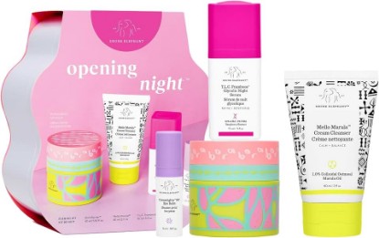 Picture of Drunk Elephant Opening Night Kit - Bora Barrier Cream (50ml/1.69 fl oz), Mello Marula Cream Cleanser (60ml/2 fl oz), TLC Framboos Glycolic Night Serum (15ml/.5 oz), Ceramighty Cream (5ml/.16 fl oz)