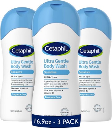 Picture of Cetaphil Ultra Gentle Refreshing Body Wash, Hypoallergenic, 16.9oz, 3ct | 3-Pack Value, Fragrance Free, Paraben Free, Hypoallergenic, Aloe Vera, Vitamin B5, Dry To Normal Skin, Dermatologist Tested [Amazon-developed Certification] Compact by Design