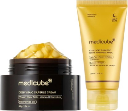 Picture of medicube Glass Skin Refining Duo at Night: Deep Vitamin C Golden Capsule Face Moisturizer and Turmeric Overnight Wrapping Peel Off Mask 2.0