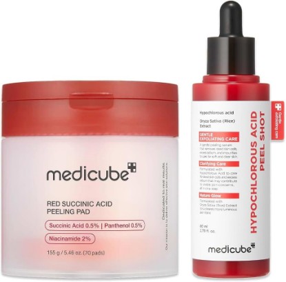 Picture of medicube Peel & Swipe Duo - HOCI Peel Shot & Red Succinic Pad | Hypochlorous Acid Rice Peel Shot for Gentle Exofoliating, Red Succinic Acid Pad for Smoothing & Clarifying, Korean Skincare