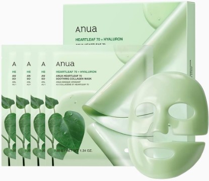 Picture of ANUA Heartleaf 70 Soothing Collagen Mask, 1.34 fl.oz/4ea | Overnight Face Mask for Sensitive Skin, Hyaluronic Acid, Hydrating Facial Mask, Redness Relief, Natural Color