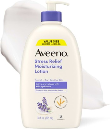 Picture of Aveeno Stress Relief Moisturizing Body Lotion, Lavender Scent with Prebiotic Oat for Sensitive Skin, Lightly Scented Lotion with 48-Hour Hydration, Fast Absorbing, Non-Greasy, Value Size 33 Fl Oz GreenCircle Sustainable Energy Practices