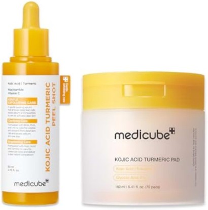 Picture of medicube Peel & Wipe Clarifying Duo: Turmeric Peel Shot & Kojic Acid Toner Pads | Gentle Exfoliation & Texture Refining Routine | Ideal for Soothing, Balancing, Smoothing Uneven Skin Tone & Texture