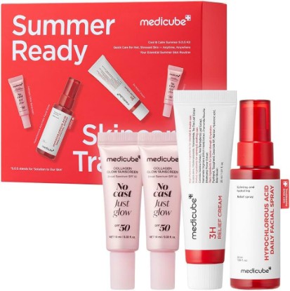 Picture of medicube Summer-Ready Skincare Travel Kit for Quick Cooling & Soothing | Cooling & Soothing Essential - HOCl Spray, Relief Cream & SPF 50 Sunscreen for Irritated Skin, Travel Size, Skincare Gift Set