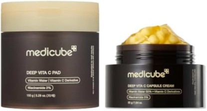 Picture of medicube Glow Boosting Duo - Deep Vitamin C Toner Pad and Capsule Cream | Toner Pad & Capsule Cream, Prep, Hydrate & Glow with Vitamin C for Uneven Skin Tone & Glass Glow, Korean Skincare