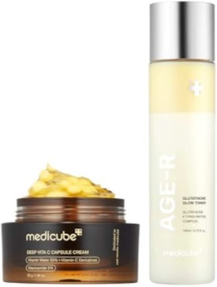 Picture of medicube All Over Glow Skin Duo: Deep Vitamin C Golden Capsule Face Moisturizer and Age-R Glutathione Glow Milky Toner
