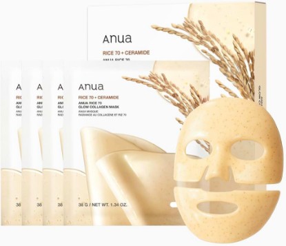 Picture of ANUA Rice 70 Glow Collagen Mask, 1.34 oz/4ea | Overnight Face Mask for Glass Skin, Ceramide, Collagen Facial Mask, Skin Moisture Barrier, Tightening Care, Natural Color