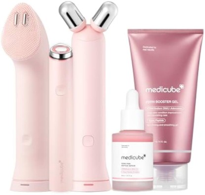 Picture of medicube All-in-One Skin Booster Device & Skincare Set (Pink): Mini Booster Pro Plus Full Facial Set, PDRN Peptide Serum, Booster Gel | 3-in-1 Korean Facial Device for Cleansing, Firming, Hydrating