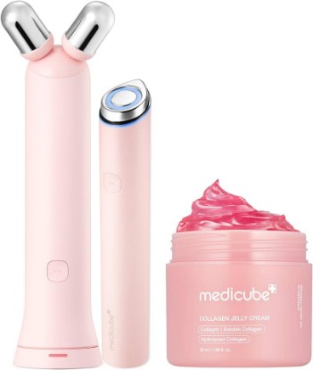 Picture of medicube Glass Glow Booster Duo: Mini Booster Pro Plus Pink & Collagen Jelly Cream | Enhances Absorption & Radiance | Firming, Hydrating & Glow | Korean Facial Device, Gifts for Women, Skincare Set