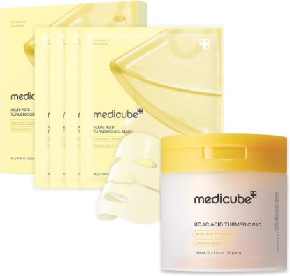Picture of medicube Day & Night Kojic Acid Duo: Kojic Acid Turmeric Brightening Gold Jelly Gel Mask and Kojic Acid Turmeric Clarifying Toner Pad
