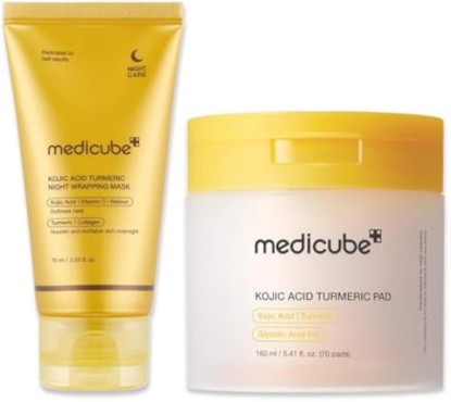 Picture of medicube Kojic Acid Prep and Seal Duo for Troubled Skin: Kojic Acid Turmeric Overnight Wrapping Peel Off Mask 2.0 and Kojic Acid Turmeric Clarifying Toner Pad