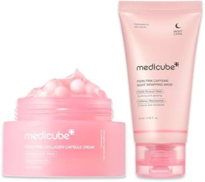 Picture of medicube PDRN Pink Shimmer Duo: Salmon DNA Pink Collagen Capsule Cream and PDRN Caffiene Overnight Wrapping Peel Off Facial Mask