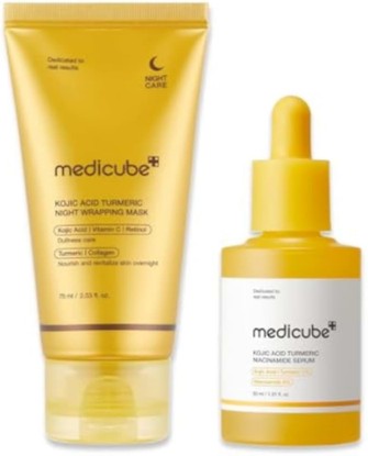 Picture of medicube Kojic Acid Overnight Care & Nourish Duo for Troubled Skin: Kojic Acid Turmeric Overnight Wrapping Peel Off Mask 2.0 and Kojic Acid Turmeric Clarifying & Balancing Capsule Serum