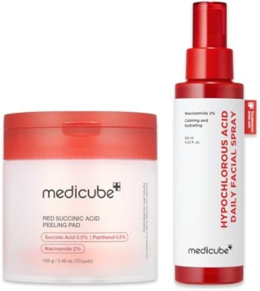 Picture of medicube Swipe & Spray Red Duo - Red Succinic Pad & Power Soothing Spray | Red Succinic Acid Pad & HOCI Soothing Spray for Gentle Exfoliation and Calming Care, On-the-Go Care, Korean Skincare