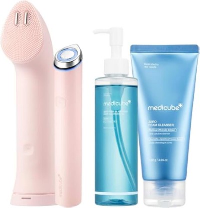 Picture of medicube Ultimate Double Cleansing Set: Mini Booster Pro Plus Cleansing Device Set (Pink), Zero Pore Blackhead Cleansing Oil and Zero Foam Cleanser