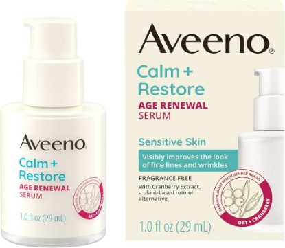 Picture of Aveeno Calm + Restore Age Renewal Face Serum, Fragrance Free, 1.0 fl oz | Anti-Wrinkle Serum, Nourishing Oat & Cranberry Extract, Improves the Look of Fine Lines